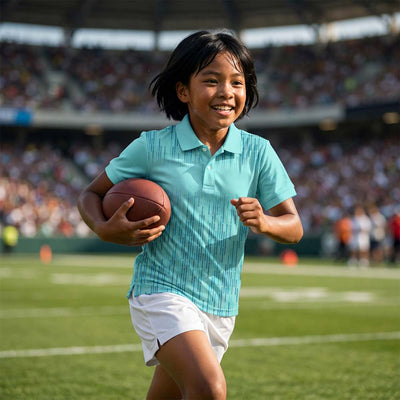 Kids' polo sports jersey in aqua blue with fine vertical geometric lines, worn by a child in white shorts running with an oval ball on a sports field.