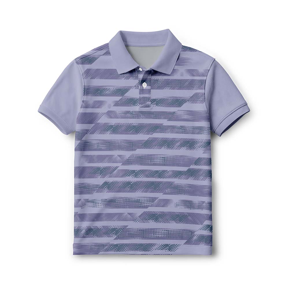 Kids' polo neck sports jersey in lavender grey with dark horizontal graphic stripes, front view.