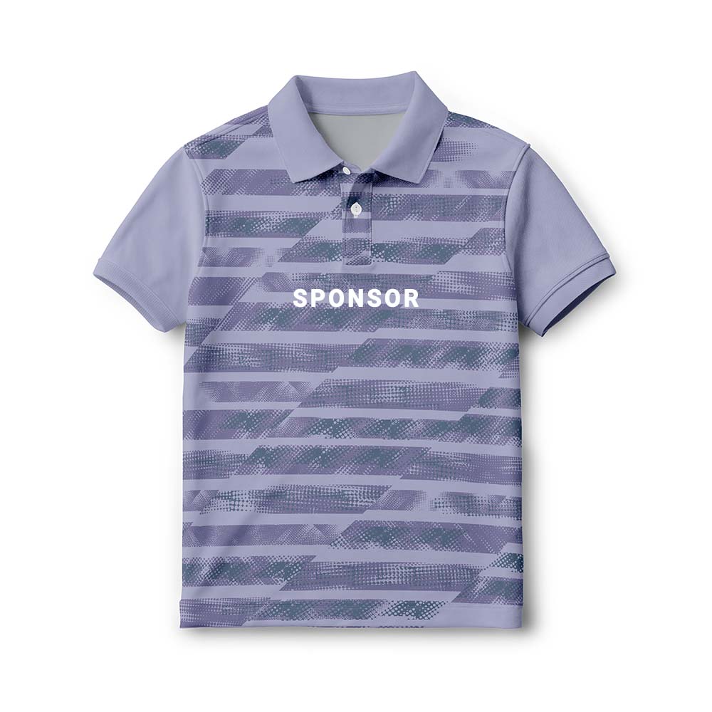 Personalised kids' polo jersey in lavender grey with dark horizontal graphic stripes, with sample SPONSOR text on the front.