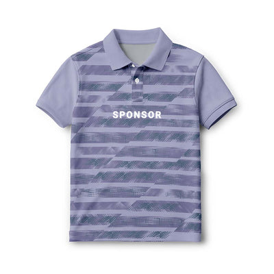 Personalised kids' polo jersey in lavender grey with dark horizontal graphic stripes, with sample SPONSOR text on the front.