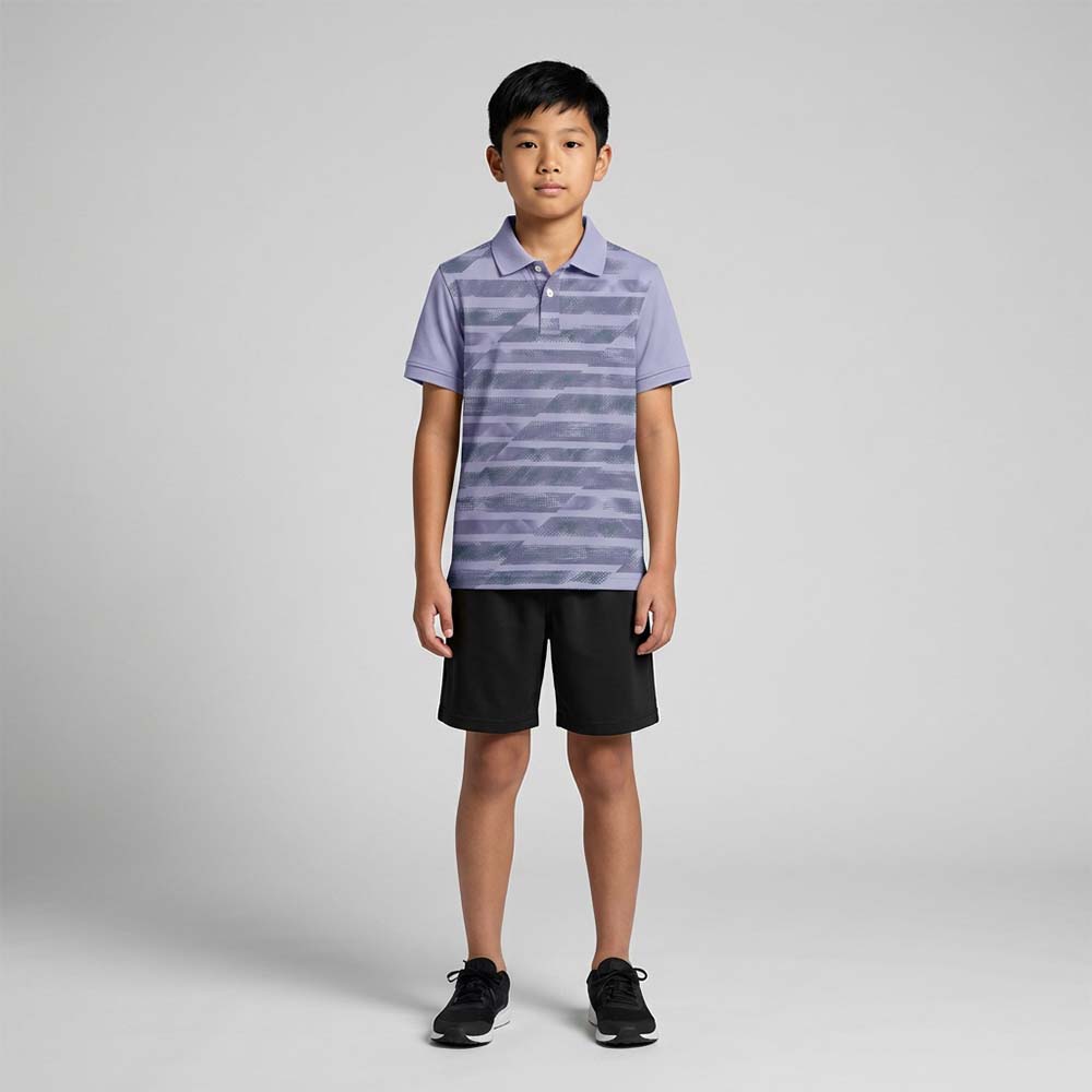 Kids' polo sports jersey in lavender grey with dark horizontal graphic stripes, worn by a child in black shorts standing in a studio.