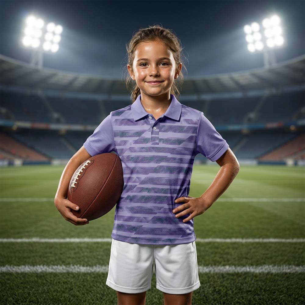 Kids' polo sports jersey in lavender grey with dark horizontal graphic stripes, worn by a child in white shorts holding an oval ball in a stadium.
