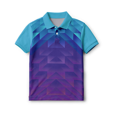Kids' polo neck sports jersey in turquoise and purple with angular geometric shapes, front view.