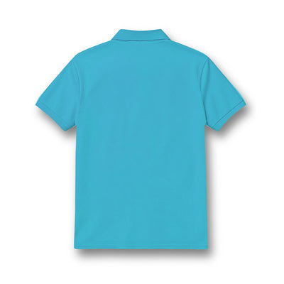 Back of kids' polo neck jersey in plain turquoise.