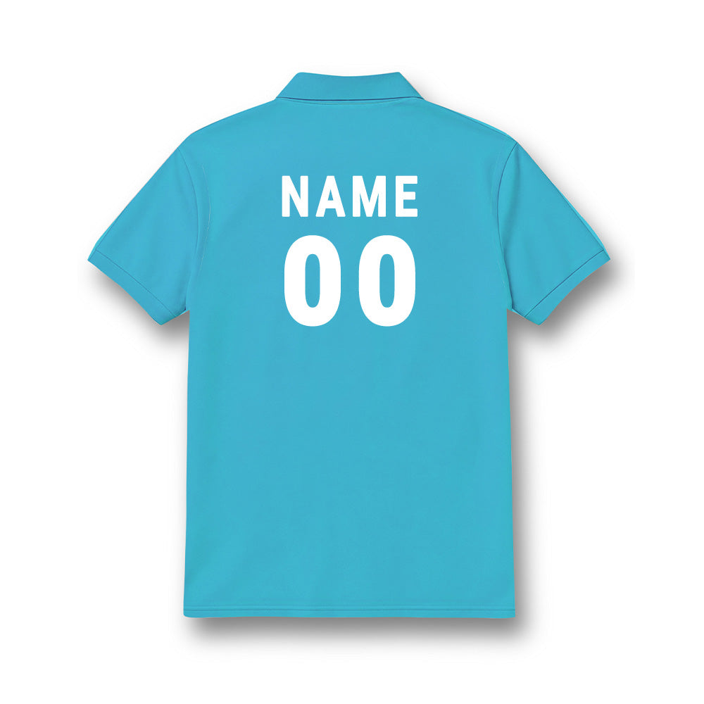 Back of kids' polo jersey in plain turquoise, showing sample NAME and number 00 personalisation.