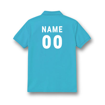 Back of kids' polo jersey in plain turquoise, showing sample NAME and number 00 personalisation.