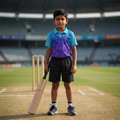 Kids' polo sports jersey in turquoise and purple with angular geometric shapes, worn by a child in black shorts holding a cricket bat beside wickets.
