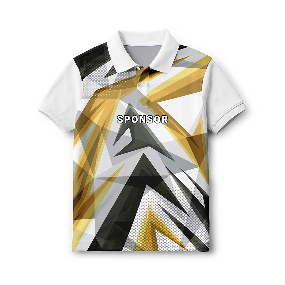 Personalised kids' polo jersey in white with gold, black and grey angular graphics, with sample SPONSOR text on the front.