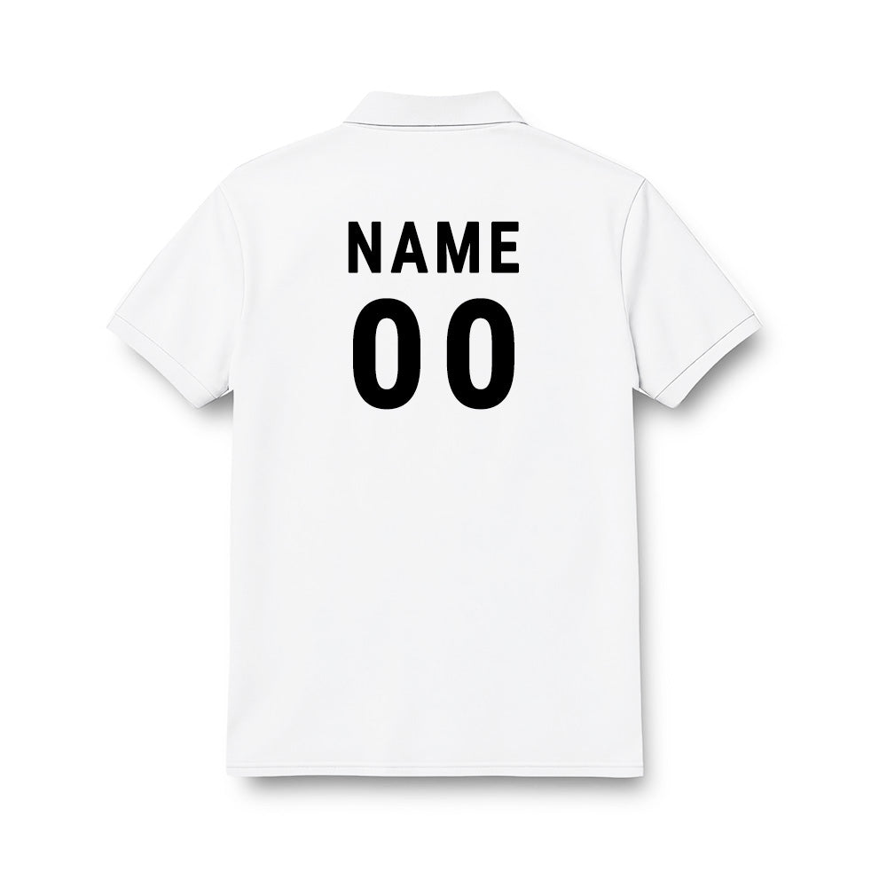 Back of kids' polo jersey in plain white, showing sample NAME and number 00 personalisation.
