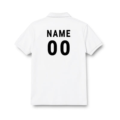 Back of kids' polo jersey in plain white, showing sample NAME and number 00 personalisation.