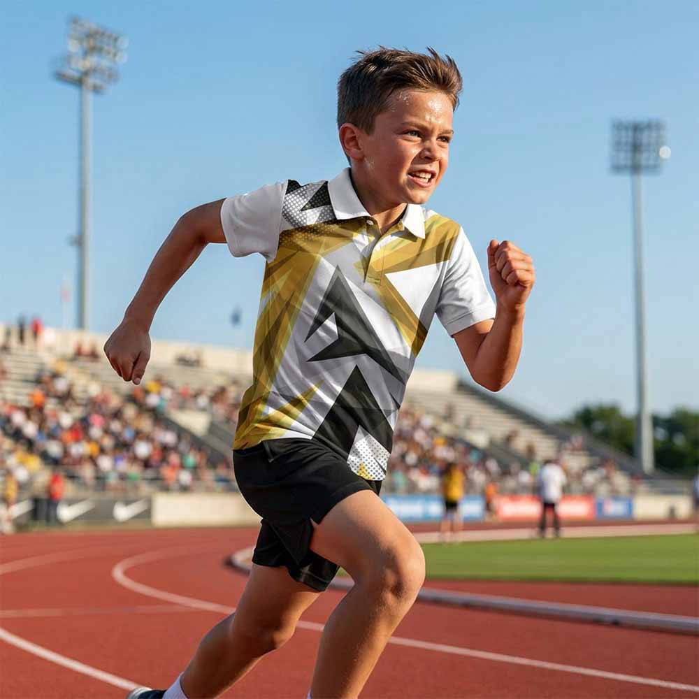Kids' polo sports jersey in white with gold, black and grey angular graphics, worn by a child in black shorts sprinting on an athletics track.