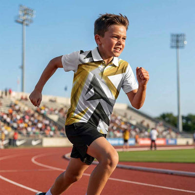 Kids' polo sports jersey in white with gold, black and grey angular graphics, worn by a child in black shorts sprinting on an athletics track.