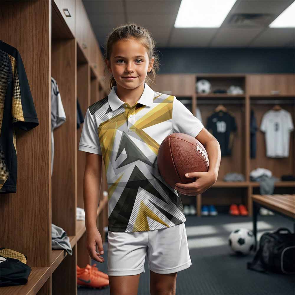 Kids' polo sports jersey in white with gold, black and grey angular graphics, worn by a child in white shorts holding an oval ball in a changing room.