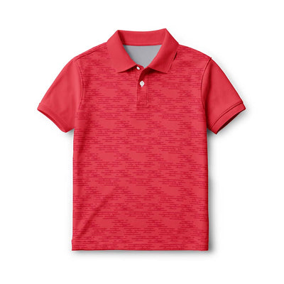 Kids' polo neck sports jersey in red with a fine tonal pattern, front view.