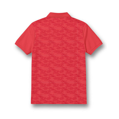 Back of kids' polo neck jersey in red with a fine tonal pattern.