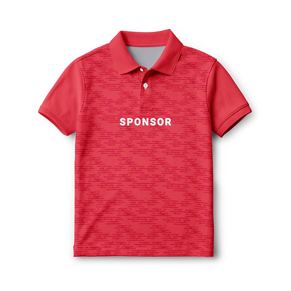 Personalised kids' polo jersey in red with a fine tonal pattern, with sample SPONSOR text on the front.