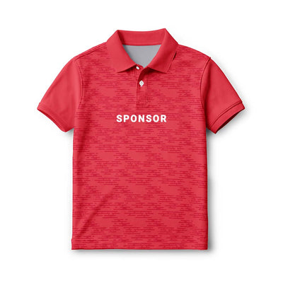 Personalised kids' polo jersey in red with a fine tonal pattern, with sample SPONSOR text on the front.
