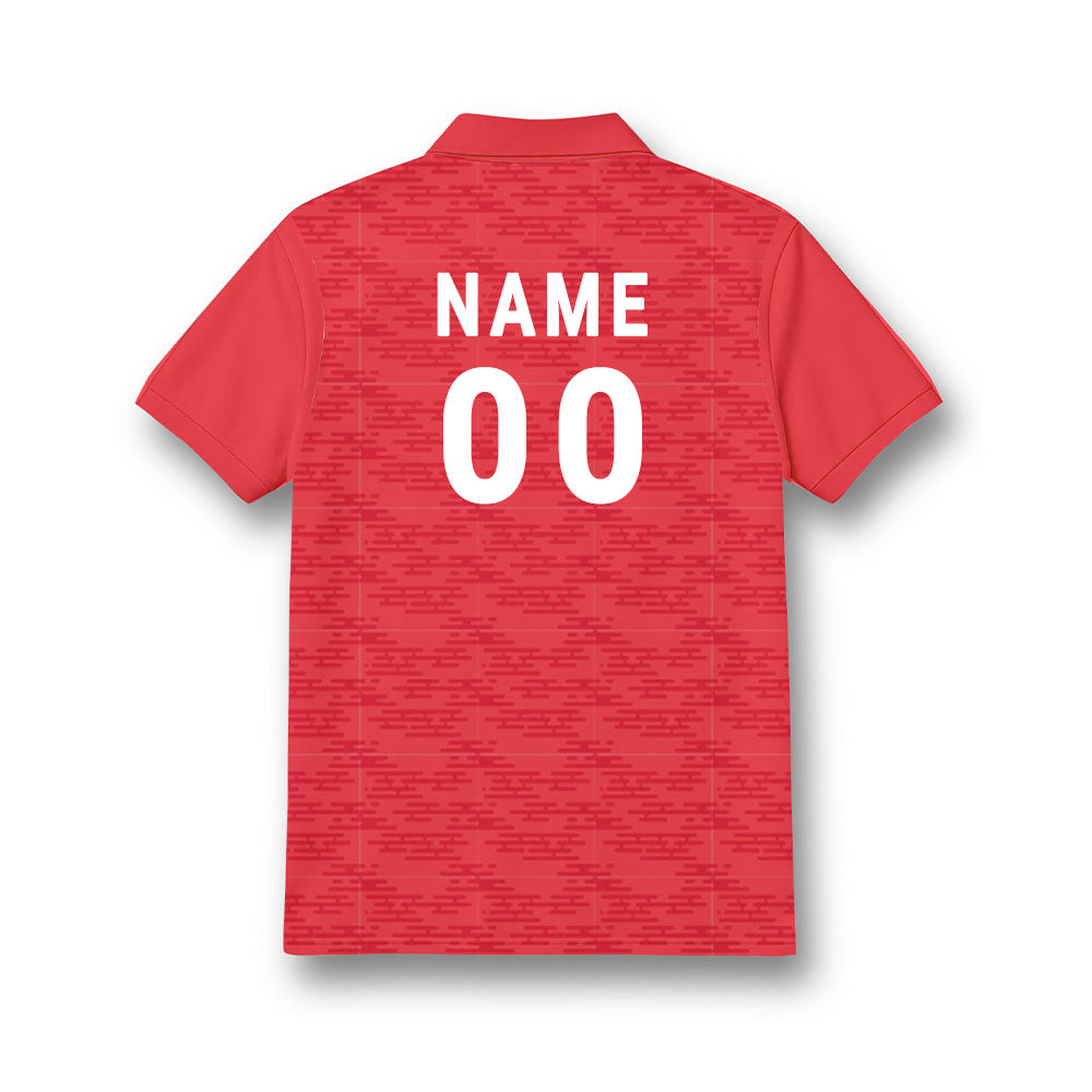 Back of kids' polo jersey in red with a fine tonal pattern, showing sample NAME and number 00 personalisation.