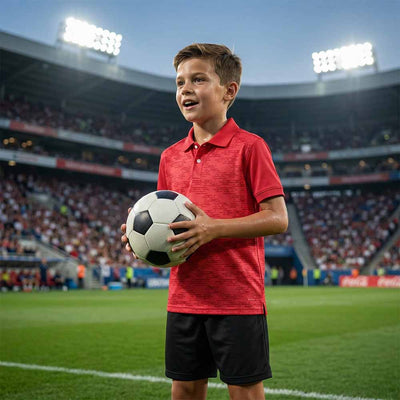 Kids' polo sports jersey in red with a fine tonal pattern, worn by a child in black shorts holding a football in a stadium.