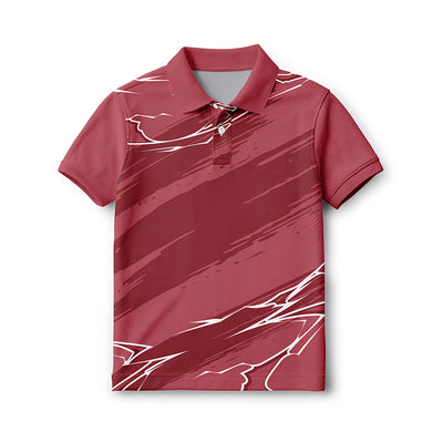 Kids' polo neck sports jersey in maroon with diagonal streaks and white angular accents, front view.
