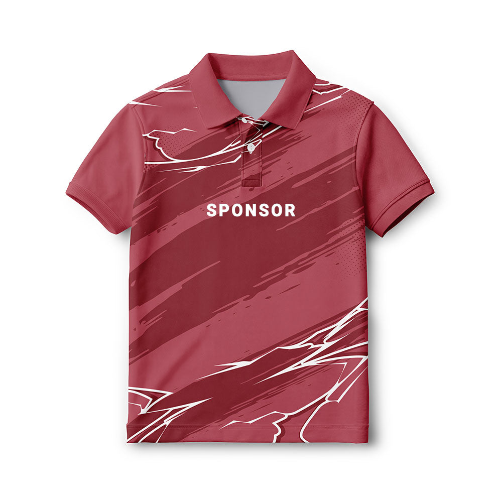 Personalised kids' polo jersey in maroon with diagonal streaks and white angular accents, with sample SPONSOR text on the front.