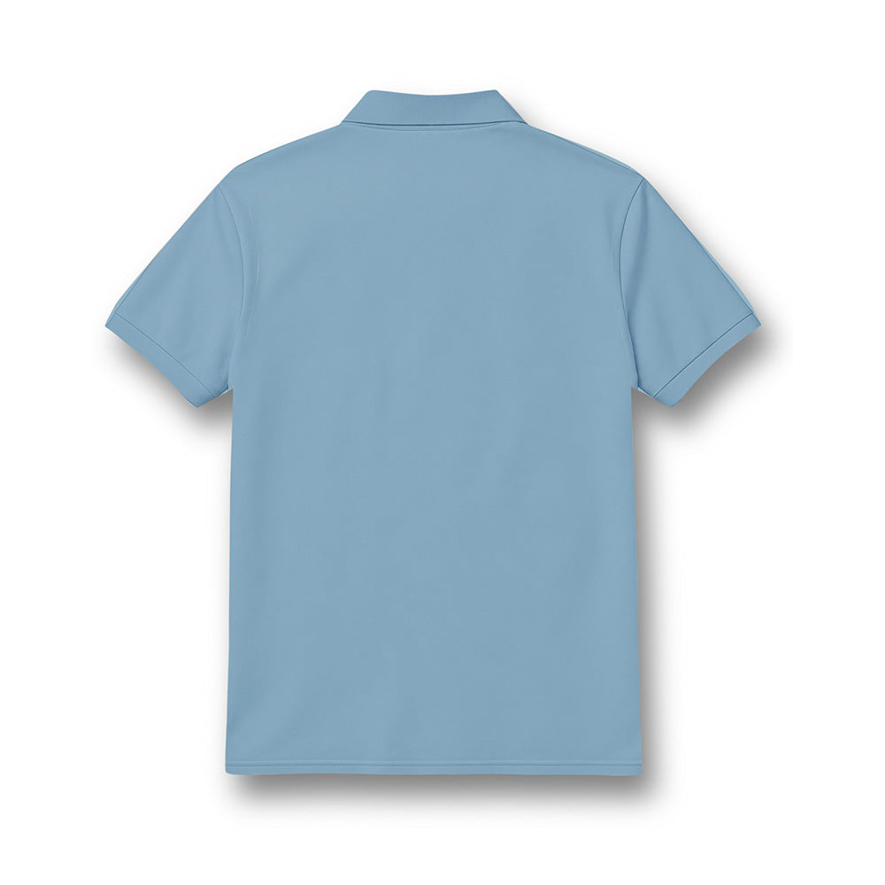 Back of kids' polo neck jersey in plain light blue.