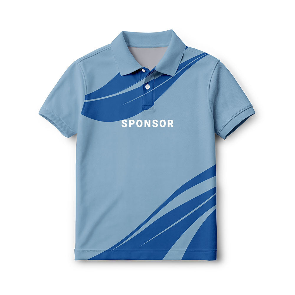 Personalised kids' polo jersey in light blue with sweeping royal blue bands, with sample SPONSOR text on the front.