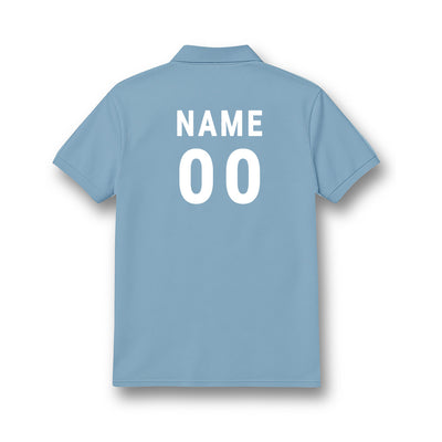 Back of kids' polo jersey in plain light blue, showing sample NAME and number 00 personalisation.