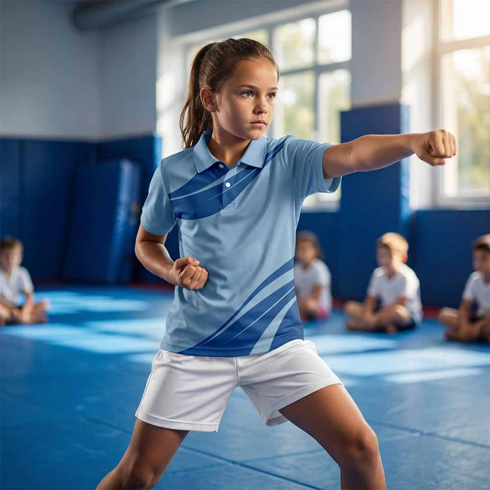 Kids' polo sports jersey in light blue with sweeping royal blue bands, worn by a child in white shorts practising a punch in a gym.