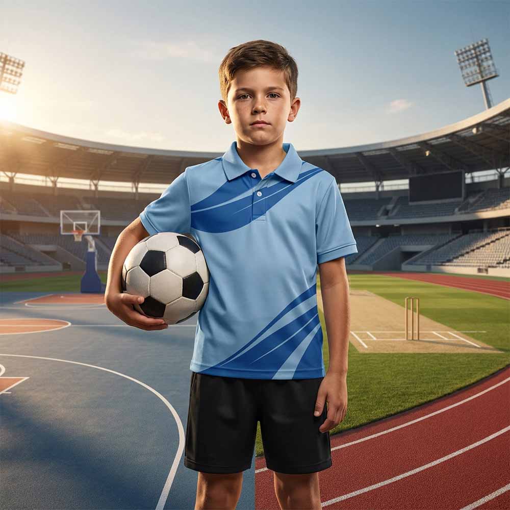 Kids' polo sports jersey in light blue with sweeping royal blue bands, worn by a child in black shorts holding a football beside a sports track.