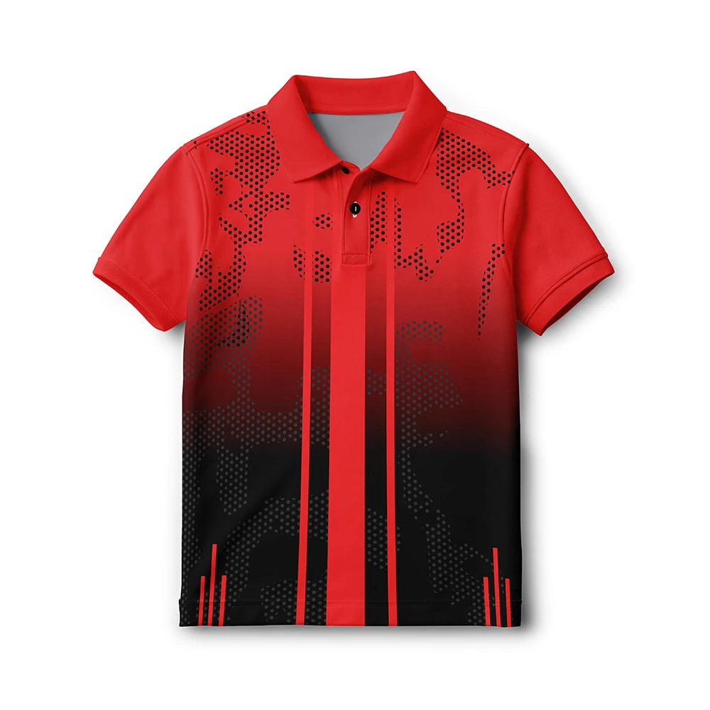 Front of the kids’ red-to-black ombre with linear graphics polo jersey, with short sleeves and a button collar.
