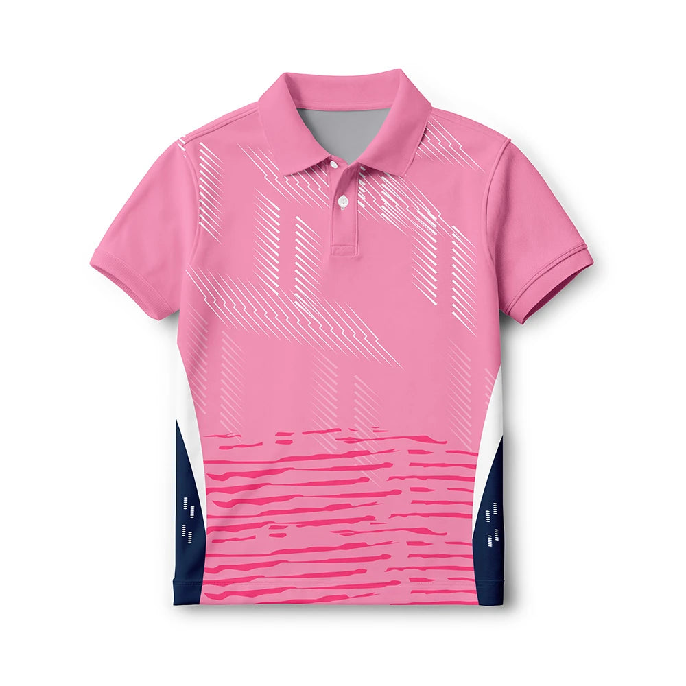 Front of the kids’ pink with digital stripes polo jersey, with short sleeves and a button collar.