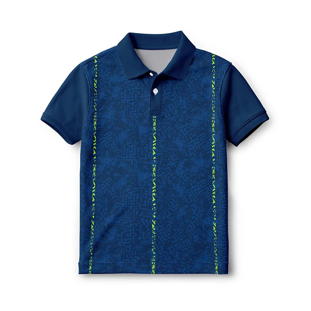 Front of the kids’ navy with fine neon vertical lines polo jersey, with short sleeves and a button collar.