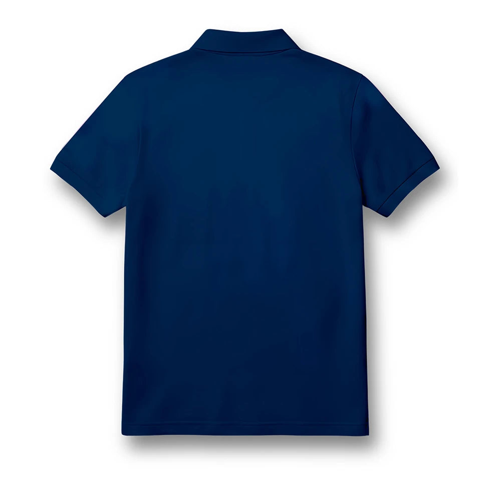 Back of the kids’ polo jersey showing the plain navy design.