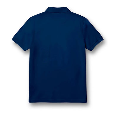 Back of the kids’ polo jersey showing the plain navy design.