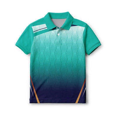 Front of the kids’ teal-to-navy gradient with geometric detail polo jersey, with short sleeves and a button collar.