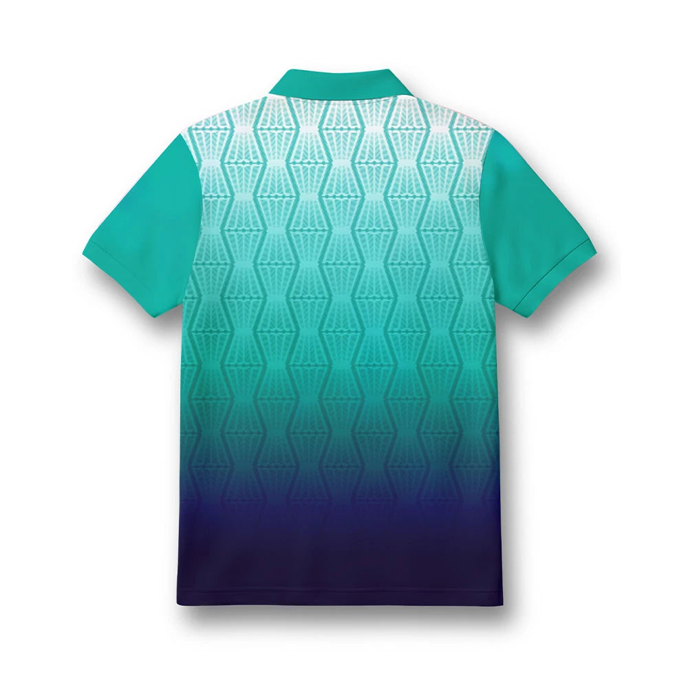 Back of the kids’ polo jersey showing the teal-to-navy geometric gradient design.