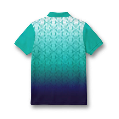 Back of the kids’ polo jersey showing the teal-to-navy geometric gradient design.