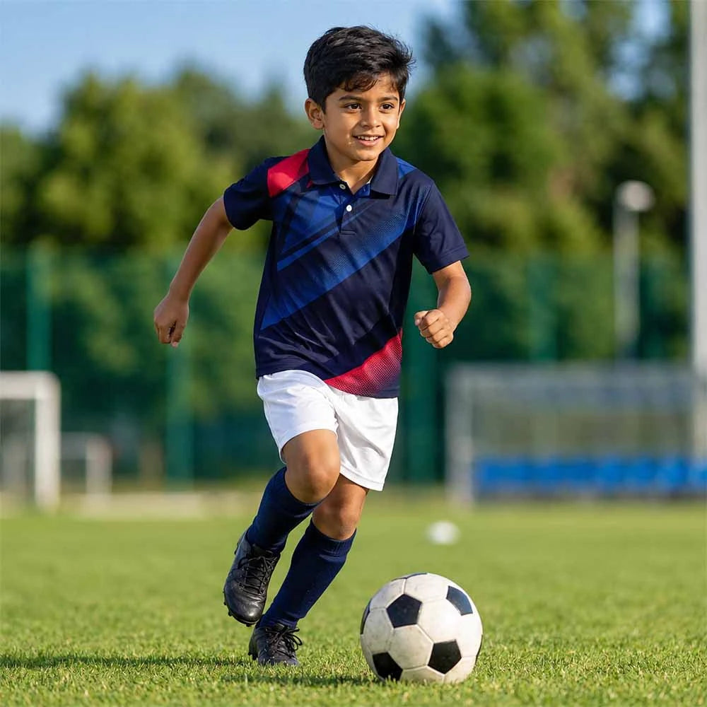 Child wearing a navy with blue diagonal bands and red accents polo jersey and white shorts, playing football.