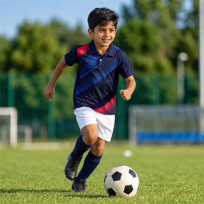 Child wearing a navy with blue diagonal bands and red accents polo jersey and white shorts, playing football.