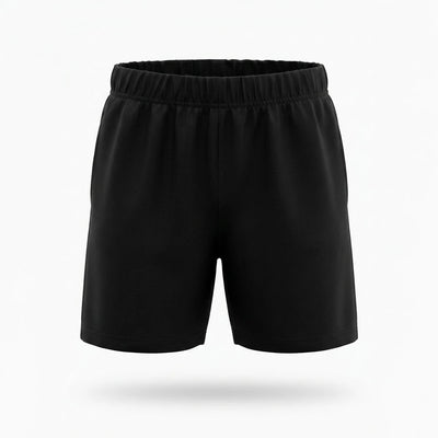 Black kids’ sports shorts with an elastic waistband, front view.