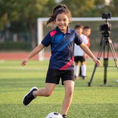 Child wearing the navy with blue diagonal bands and red accents polo jersey with black shorts, playing football.