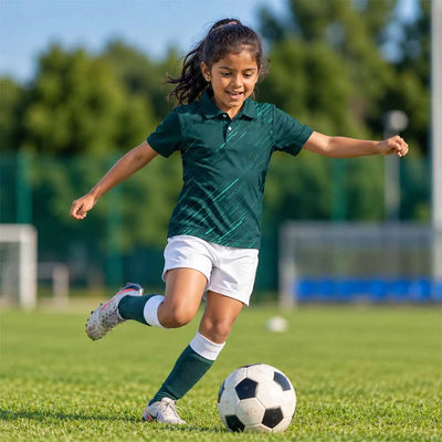 Child wearing a forest green with teal diagonal streaks polo jersey and white shorts, kicking a football.