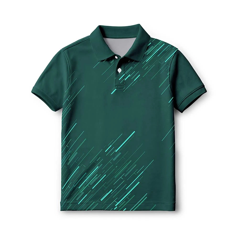 Front of the kids’ forest green with teal diagonal streaks polo jersey, with short sleeves and a button collar.