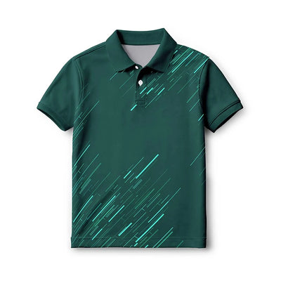 Front of the kids’ forest green with teal diagonal streaks polo jersey, with short sleeves and a button collar.