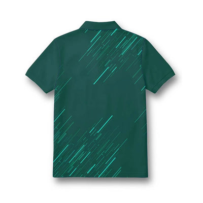Back of the kids’ polo jersey showing the forest green with teal streaks design.