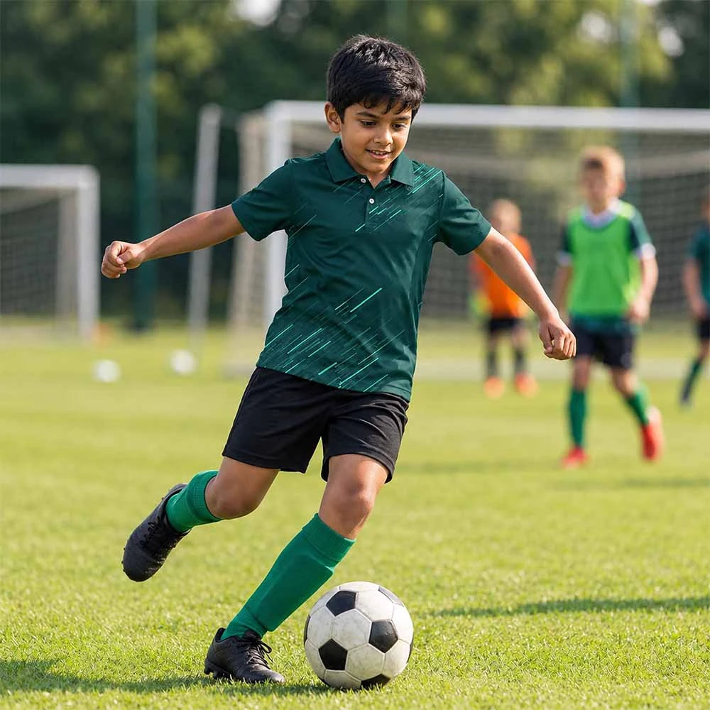 Child wearing the forest green with teal diagonal streaks polo jersey with black shorts, playing football.
