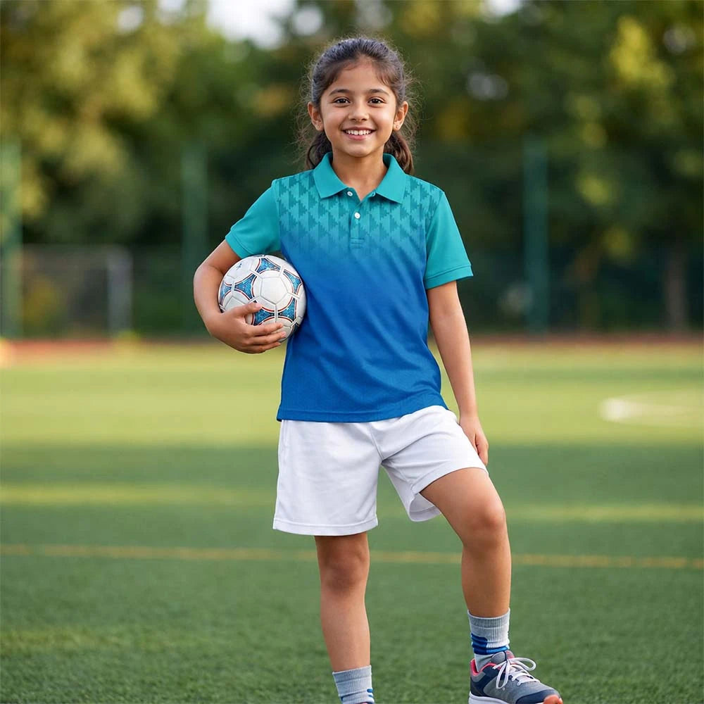 Child wearing a turquoise-to-blue gradient with a geometric shoulder pattern polo jersey and white shorts, holding a football.