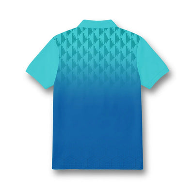 Back of the kids’ polo jersey showing the turquoise-to-blue geometric gradient design.
