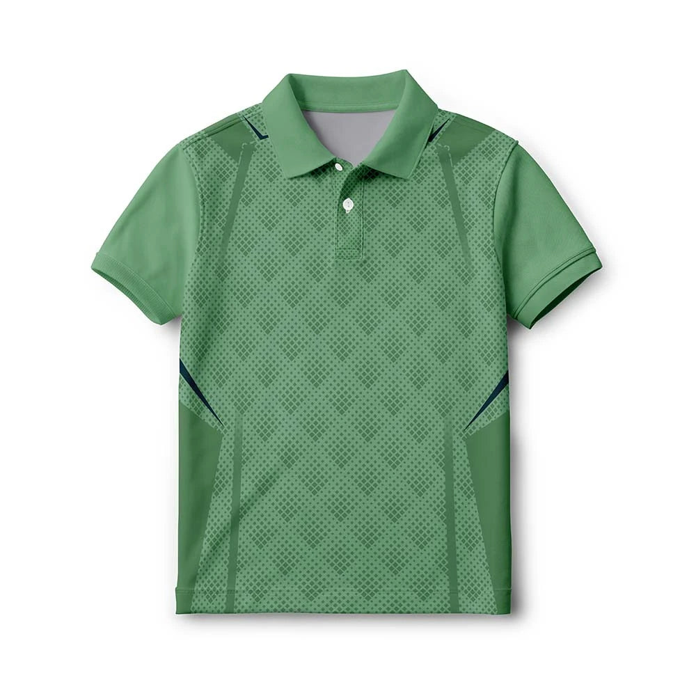 Front of the kids’ sage green with a small geometric pattern polo jersey, with short sleeves and a button collar.